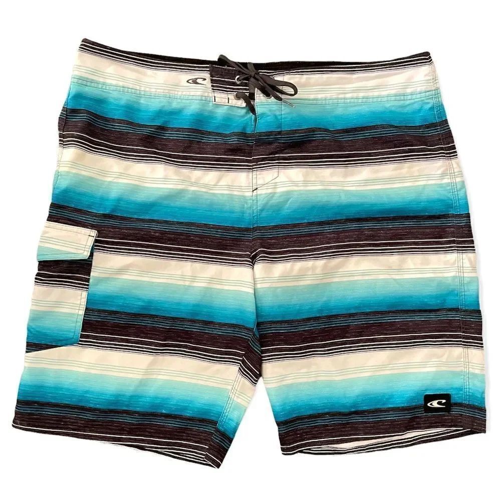 O’Neill Blue Striped Tie Front Cargo Pocket Board Swim Trunks Shorts Size 38